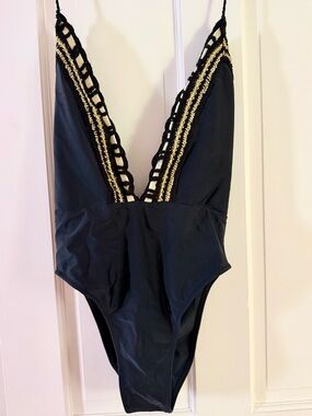 NWT Ramy Brook - “Angela” Crochet Plunge Swimsuit. Black One-Piece Bathing Suit